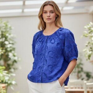 Chicos Blue Floral Embroidered Blouse Short Sleeve Boho Chic Women Top Size 3/XL